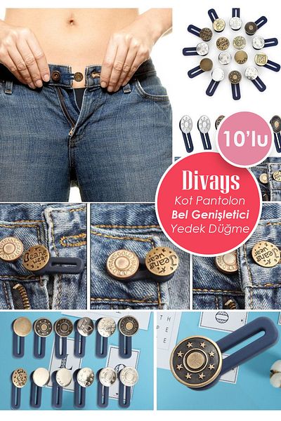DİVAYS 10-Piece Metal Button Jeans Pants Waist Extender Replacement Pants Button 10 Pcs