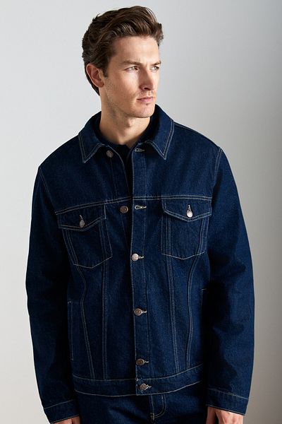GRIMELANGE Jerıcho Men's Rinse Denim Casual Wide Cut 100% Cotton High Quality Thick Textured Navy Blue Jacket