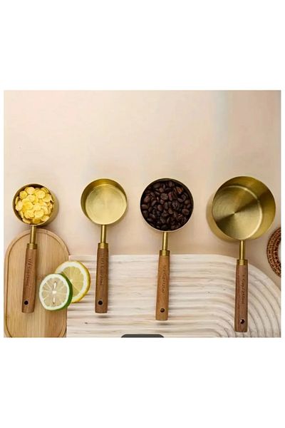 stilsenin34 Gold 4-Piece Wooden Handle Measuring Spoon Saucer