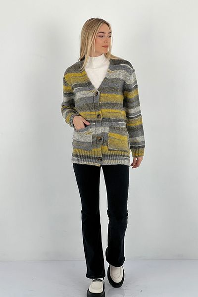 Miss Poem Women's V-Neck Buttoned Long Sleeve Loose Gray Knitwear Cardigan