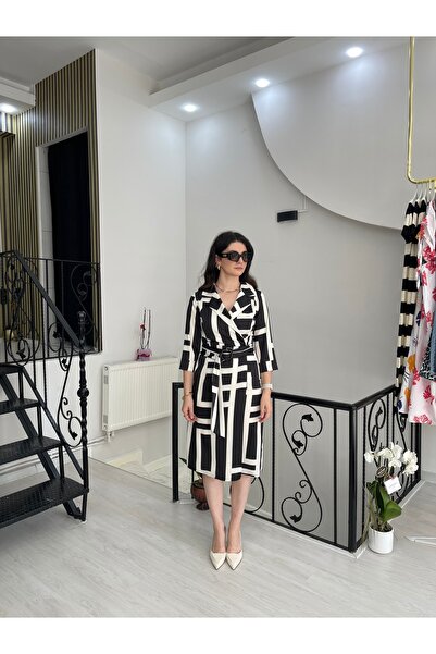 Butik Siyah beyaz desenli kemerli saten kalem elbise