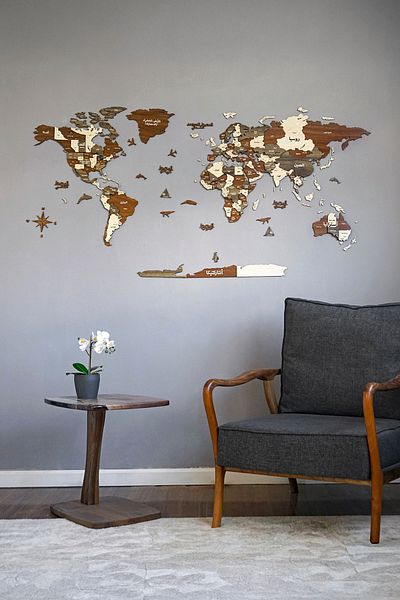 Colorfull Worlds 3D Wooden Arabic World Map 100X54 cm - Islamic Decor - Islamic Wall Art Home Office Mosque Decor