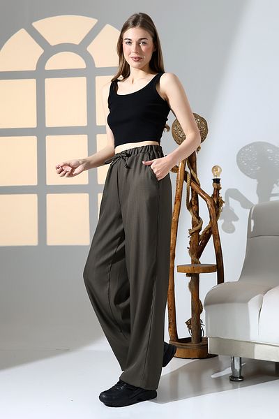 DİVİSTA Women's Khaki Color 100% Viscose Woven Trousers with Elastic Waist