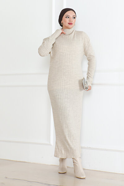 DESTEMODA Λεπτομέρεια κοτλέ Πλεκτό Φόρεμα Πέτρα Χρώμα 1011