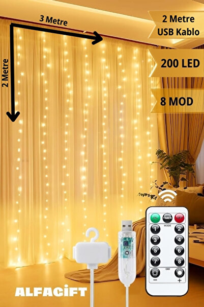 ALFAGİFT 3x2 Metre 200 Ledli 10 Saçaklı Perde Led Işık-8 Mod, Uzaktan Kumandalı, Su Geçirmez