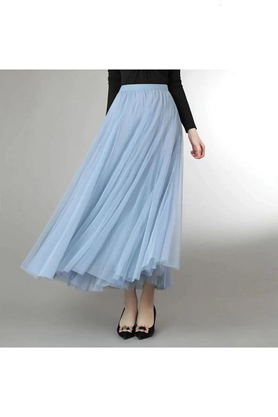 NSMLİFE Fusta midi din tul cu 3 straturi pentru femei Bebe Blue, ocazional, cu talie înaltă, până la gleznă, fustă lungă din tul hijab