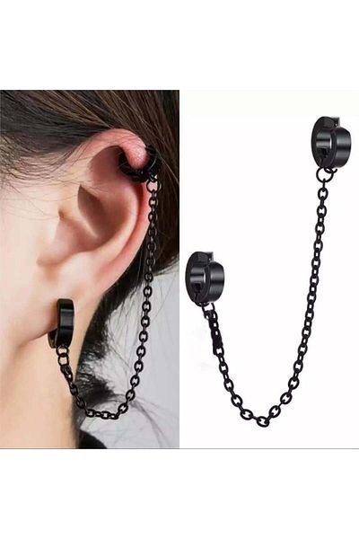 Köstebek Black Double Hoop Chain Earrings