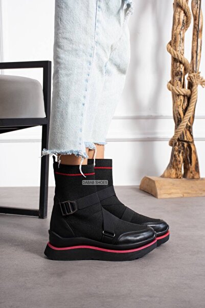 dabab shoes Kadın Siyah Triko Fabiana Model Lastik Kemer Detaylı Kalın Taban Spor Bot