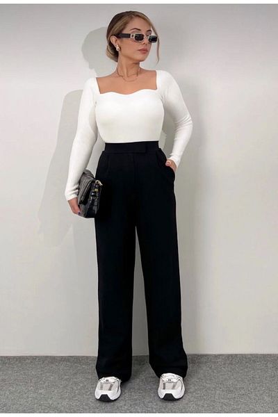 Mistanbul Women's Black High Waisted Velcro Plaza Pants