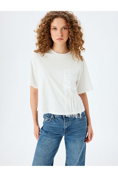 Koton Crew Neck Crochet Tassel Detailed Short Sleeve T-Shirt