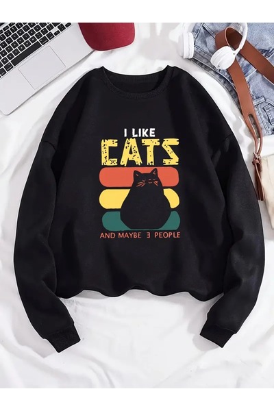 Frisson UNISEX Μαύρο φούτερ με στάμπα I Like Cat και λαιμόκοψη ποδηλάτου