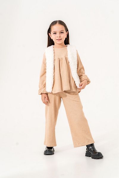 Eray Kids Плюшен екрю комплект с горнище и долнище за момичета, кафяв