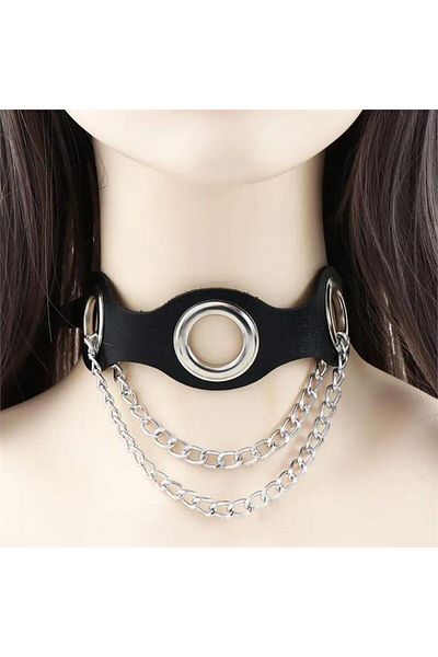 Köstebek Black Leather Leash with Three Ring Chain Detail