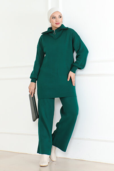 DESTEMODA Πλεκτό κοστούμι με λεπτομέρεια με φερμουάρ στο λαιμό Σμαραγδί πράσινο 1001