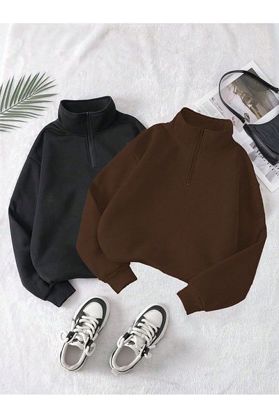 trendgar 2-Piece Stand Collar Zipper Oversize Unisex Sweatshirt Black and Brown