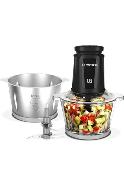 Nutricook Choppi XXL 2L Glass & SS Chopper & Mincer, 500W w/Pulse & 2 Speeds, 2-Removable 4 SS-Blade