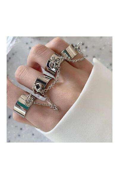 Köstebek Four Finger Chain Silver Adjustable Ring
