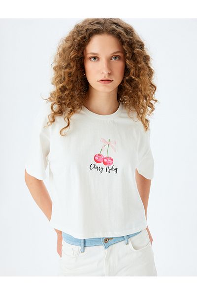 Koton Cherry Printed Comfortable Fit Crew Neck Short Sleeve Crop T-Shirt