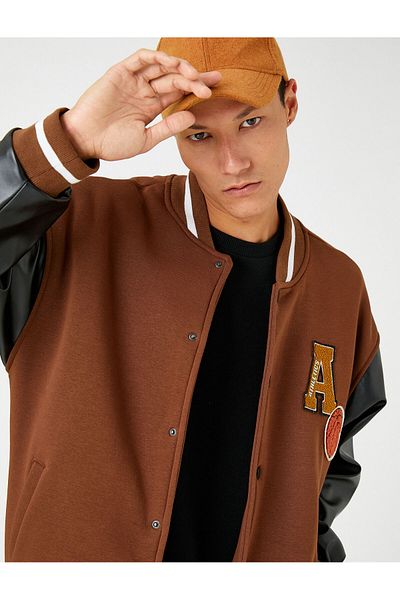 Koton College Jacket Bomber Collar Embroidered Detailed Snap Button Pocket