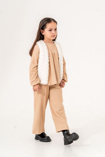 Eray Kids Плюшен екрю комплект с горнище и долнище за момичета, кафяв