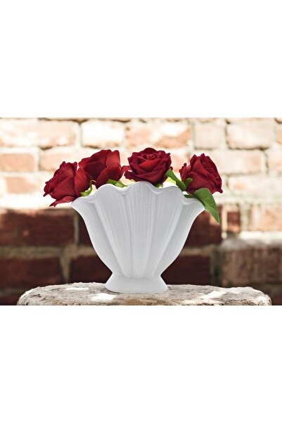 BASSDEKOR Beton - Istiridye Vazo - Beyaz - 19.5 Cm