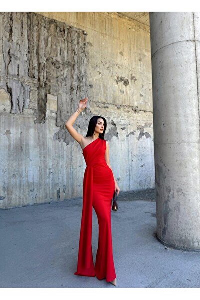 Mekafashion Ewo Kuyruklu Tek Omuz Abiye Kırmızı 684