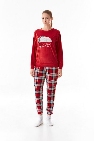 Fulla Moda Embroidered Crew Neck 2-Piece Velvet Pajamas Set