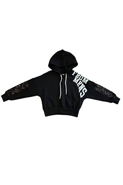 Marions Hanorac crop cu mâneci cu litere argintii pentru fete, cu detaliu de ...