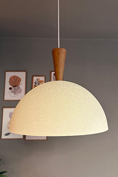 Bamyum Linate Dokulu Açık Krem Ahşap Büyük Huni Başlık Avize Tekli Sarkıt Salon Kuaför Dekoratif Aydınlatma