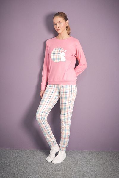 Fulla Moda Rabbit Embroidered Crew Neck 2 Piece Pajamas Set