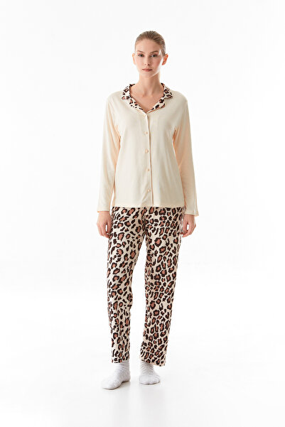 Fulla Moda Leopar Desenli Gömlek Yaka 2 Li Pijama Takımı