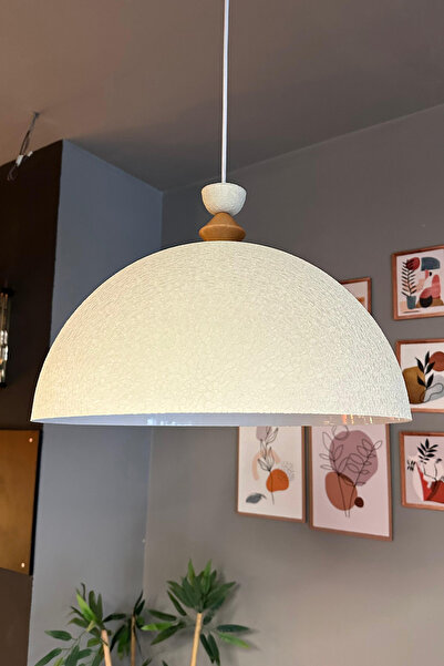 Bamyum Linate Dokulu Açık Krem Q Ahşap Şapka Avize Tekli Sarkıt Salon Kuaför Dekoratif Aydınlatma