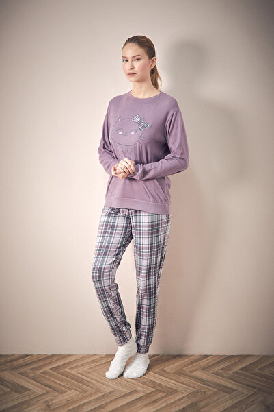 Fulla Moda Kedi Nakışlı Bisiklet Yaka 2 Li Pijama Takımı