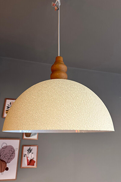 Bamyum Linate Dokulu Açık Krem Tombalak Ahşap Avize Tekli Sarkıt Salon Kuaför Dekoratif Aydınlatma