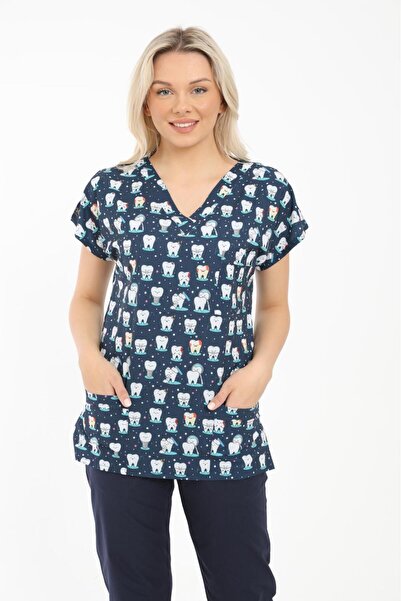 Arme medikal Likralı Cerrahi, Doktor, Hemşire, Veteriner, Dişçi, desenli, koyu renkli forma tek üst scrubs