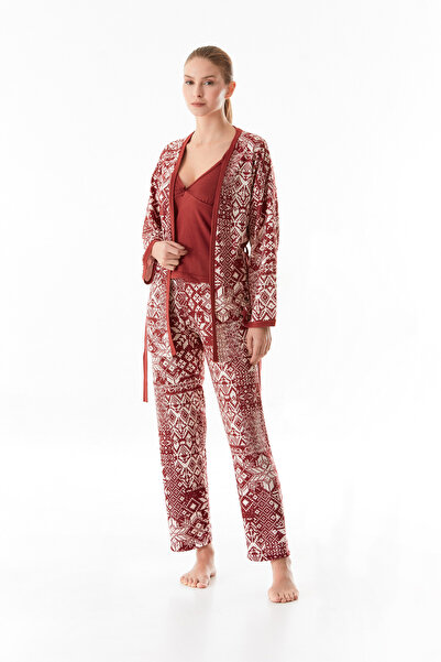 Fulla Moda Etnik Desenli Askılı 3 Lü Pijama Takımı