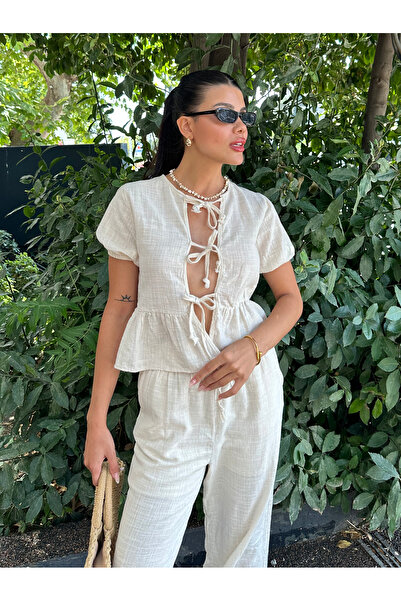 Angel Mia Φυσική λινό μπλούζα - με κορδόνια