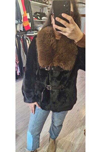 ALVWOMAN Yakası Kürklü İthal Vip Deri Kemer Detaylı Kısa Kürk Mont