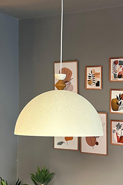 Bamyum Linate Dokulu Açık Krem Q Ahşap Şapka Avize Tekli Sarkıt Salon Kuaför Dekoratif Aydınlatma