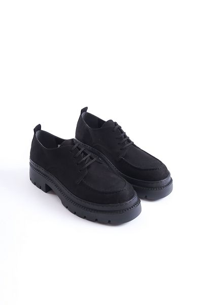 Shoesers Дамски ежедневни черни велурени мокасини с връзки и дебела подметка