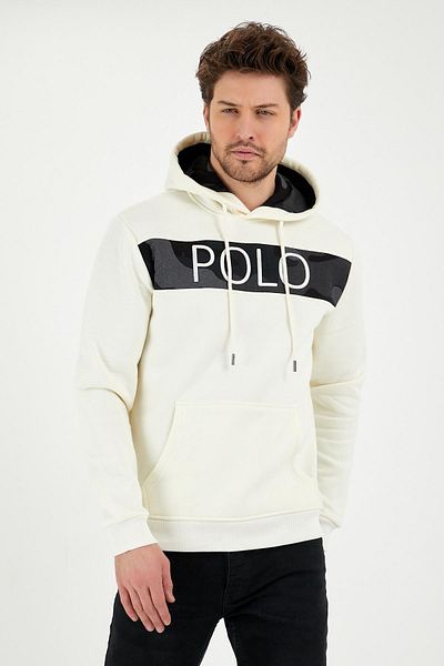 Polo State Мъжки суитшърт с качулка, бродиран в екрю цвят, с 3 нишки памучен полар отвътре, стандартна кройка и бродерия