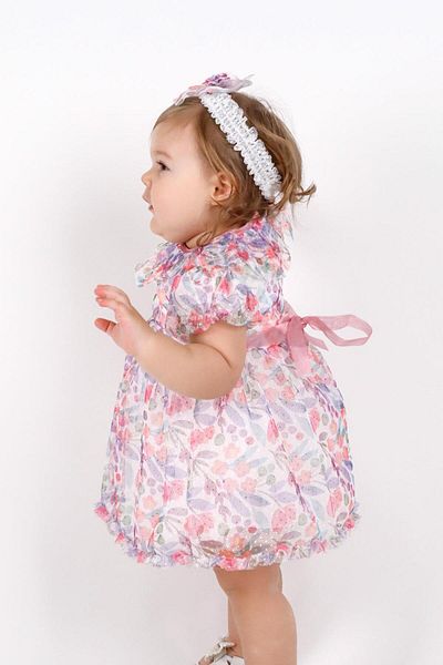 Le Mabelle Pink Floral Printed and Headband Tulle Girls' Dress - Randi