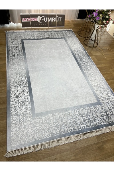 Zümrüt Ev Tekstil Dijital Baskılı Makinede Yıkanabilir Dot Taban Halı Kutlu Gri