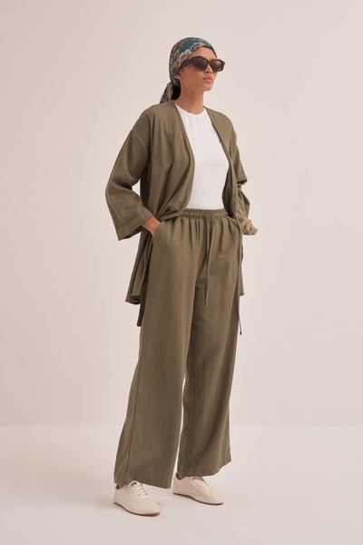 EBU Prive Γυναικείο σετ κιμονό από οργανικό βαμβάκι με κορδόνια καφέ