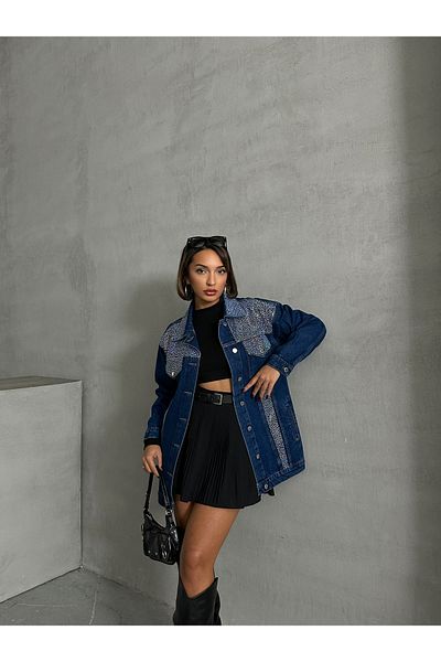prova Navy Blue Stoned Oversize Denim Jacket Mıssce0308