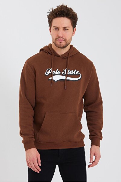 Polo State Hanorac maro pentru bărbați, din bumbac cu 3 fire, cu fleece inter...