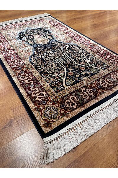 Quality Bamboo Yarn Prayer Rug Carpet 095009   Black Burgundy