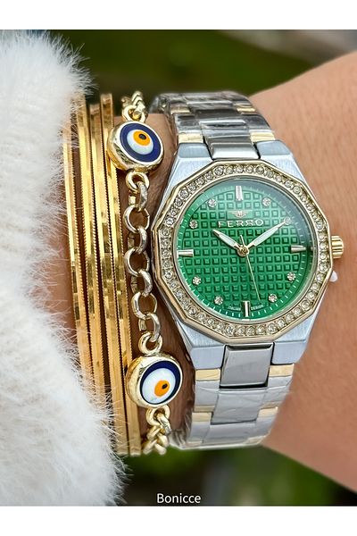 FERRO Brand Yellow Silver Color Steel Band, Green Dial Women's Wrist Watch+Bracelet