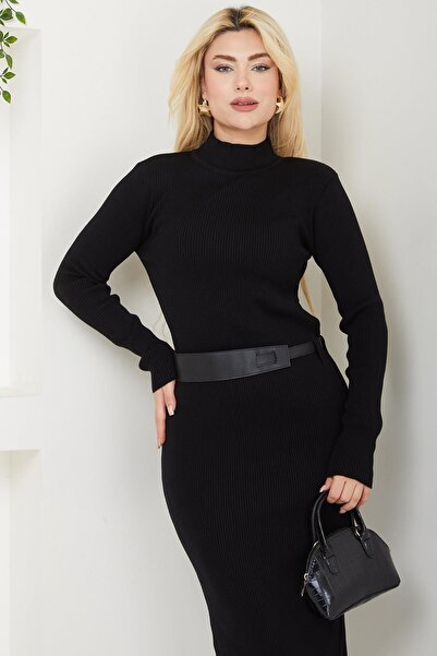 SENSTIL Φόρεμα με ζώνη από πλεκτό ύφασμα - Μαύρο SS2598