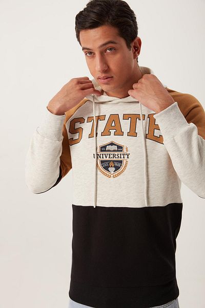 Polo State Мъжки суитшърт с качулка, сив, с 3 нишки памук отвътре, полар, 3 цвята, голям принт